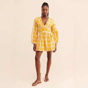 🔆 Free People, Harni Alexia Yellow Long Sleeve Mini Dress, Size Medium US 8